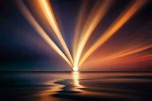 a long exposure photograph of a sun setting over the ocean. AI-Generated photo