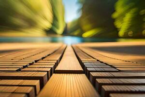 a long wooden walkway with trees in the background. AI-Generated photo