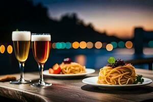 two plates with spaghetti and beer on a table. AI-Generated photo