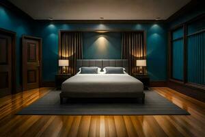 a bedroom with blue walls and wood floors. AI-Generated photo