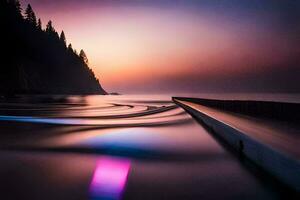 a long exposure photograph of a pier at sunset. AI-Generated photo