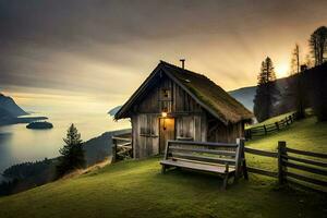 un cabina en el lado de un montaña con vista a el lago. generado por ai foto