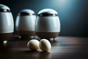 three eggs on a table with two white ones. AI-Generated photo