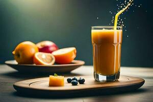 a glass of orange juice with a splash of juice. AI-Generated photo