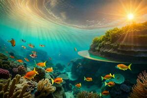 the sun shines over an underwater island with coral reefs and fish. AI-Generated photo