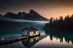 a small cabin sits on the edge of a lake at sunrise. AI-Generated photo