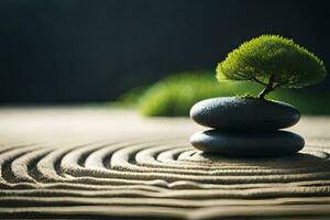 a small tree is growing on top of rocks in a zen garden. AI-Generated photo