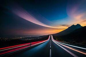 un largo exposición fotografía de un la carretera con ligero caminos. generado por ai foto