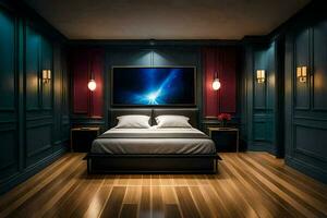 a bedroom with blue walls and wood floors. AI-Generated photo