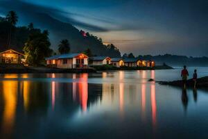 a man stands on the shore of a lake at dusk. AI-Generated photo