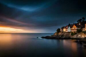 un casa en el costa a noche. generado por ai foto