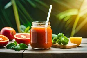 un vaso tarro con un Paja y un vaso de jugo siguiente a un naranja, pomelo y. generado por ai foto