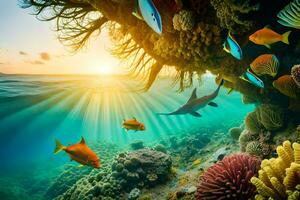 a coral reef with fish and other marine life. AI-Generated photo