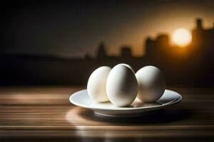 four eggs on a plate with a city in the background. AI-Generated photo