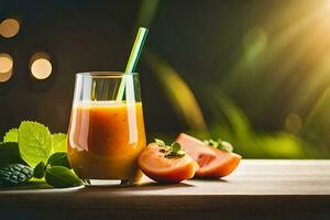 a glass of orange juice with a straw and a slice of tomato. AI-Generated photo