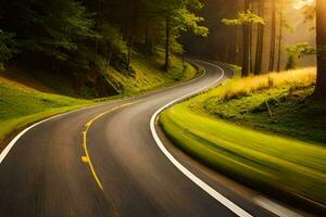 a winding road in the woods with trees and grass. AI-Generated photo