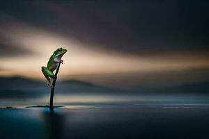 a frog is perched on a stick in the water. AI-Generated photo