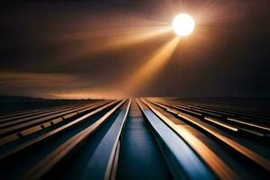 a long train track with the sun shining through it. AI-Generated photo