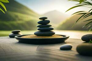 zen stones in a bowl on a table. AI-Generated photo