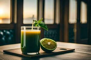 un vaso de verde jugo con Lima en un de madera mesa. generado por ai foto