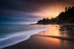 a beach with waves and trees at sunset. AI-Generated photo
