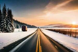 a road in the winter with snow and trees. AI-Generated photo