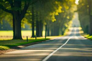 an empty road with trees lining both sides. AI-Generated photo