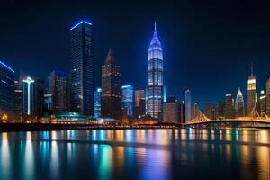 el ciudad horizonte a noche con luces reflejando apagado el agua. generado por ai foto