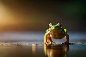 a frog is standing on the ground with its reflection in the water. AI-Generated photo