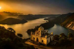 a beautiful temple sits on top of a mountain overlooking a lake. AI-Generated photo