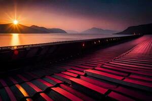 the sun sets over a pier with red and blue lights. AI-Generated photo