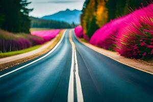 a road with pink flowers in the background. AI-Generated photo