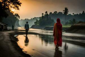 un hombre y mujer caminando a lo largo un río a puesta de sol. generado por ai foto