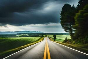a long road with trees and a stormy sky. AI-Generated photo
