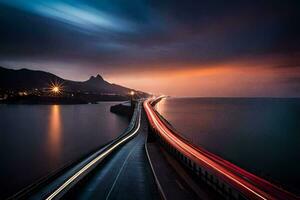 a long exposure photograph of a road with cars driving on it. AI-Generated photo