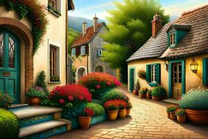 a painting of a street with flowers and potted plants. AI-Generated photo