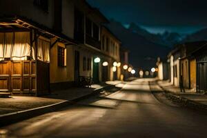 un calle a noche con un ligero brillante en él. generado por ai foto