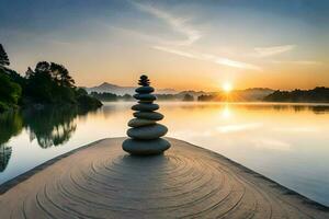 un apilar de piedras es sentado en el apuntalar de un lago a puesta de sol. generado por ai foto