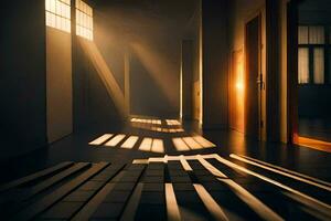 a dark hallway with sunlight shining through the window. AI-Generated photo