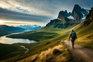 a man walks on a path in the mountains. AI-Generated photo