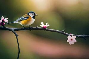 a bird sits on a branch with flowers in the background. AI-Generated photo