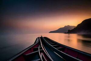 un barco es en el agua a puesta de sol. generado por ai foto