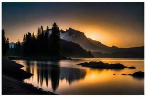 un lago y montañas a puesta de sol. generado por ai foto