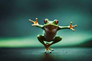 a frog jumping on a black background. AI-Generated photo