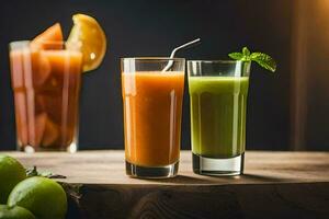 three different types of juices on a wooden table. AI-Generated photo