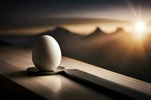 egg on a table with mountains in the background. AI-Generated photo