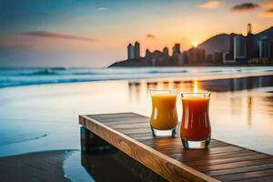 two glasses of orange juice on a wooden pier overlooking the ocean. AI-Generated photo