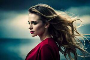 a beautiful woman with long hair in the wind. AI-Generated photo