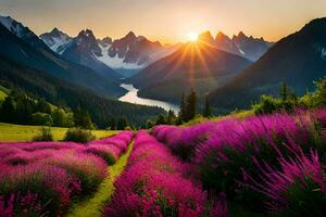 the sun rises over the lavender fields in the mountains. AI-Generated photo
