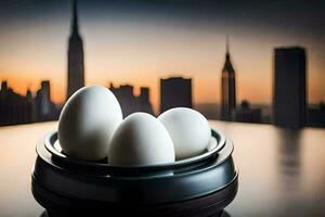 three eggs in a bowl with a cityscape in the background. AI-Generated photo